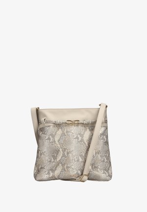 Sac bandoulière beige avec motif imprimé serpent, bord supérieur lisse, détail de cordon noué et fermoir ainsi que quincaillerie dorés.