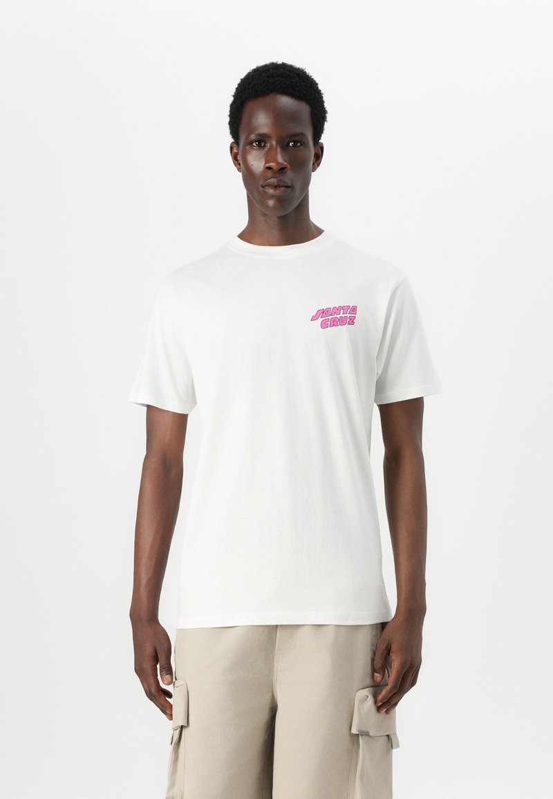 White cotton t-shirt featuring a pink "SANTA CRUZ" graphic on the left chest, short sleeves, and a crew neckline.