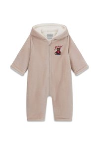 Mono de bebé de forro polar beige con capucha, cremallera frontal y gráfico de oso bordado. Textura suave y mangas con puños.