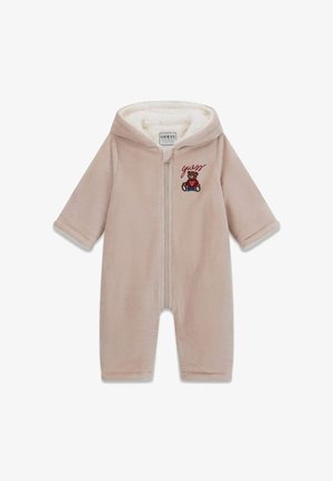 Mono de bebé de forro polar beige con capucha, cremallera frontal y gráfico de oso bordado. Textura suave y mangas con puños.
