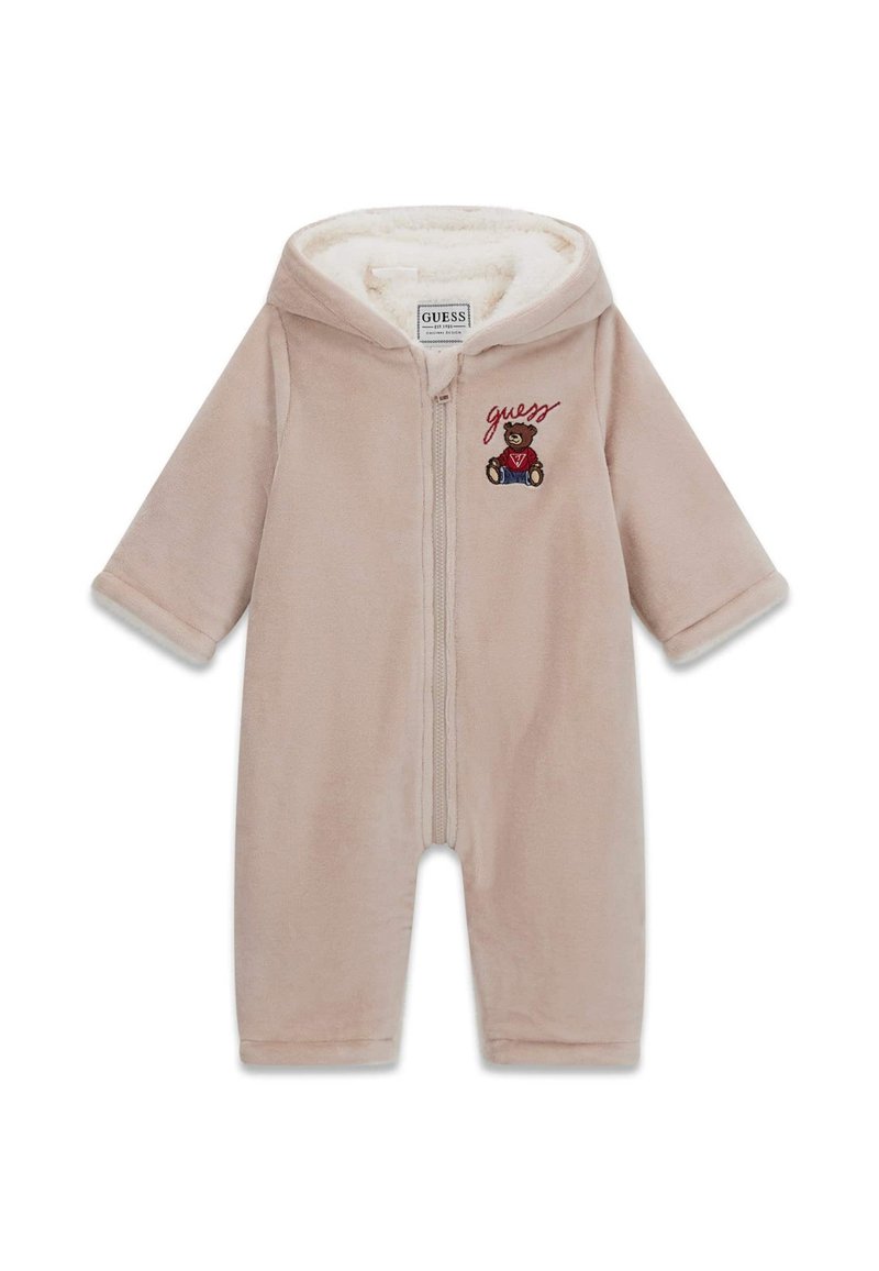 Mono de bebé de forro polar beige con capucha, cremallera frontal y gráfico de oso bordado. Textura suave y mangas con puños.