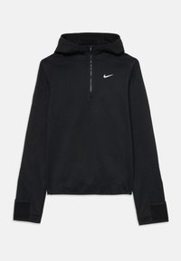 Haut à capuche noir Nike avec un demi-zip, tissu texturé, manches raglan et un petit logo blanc sur la poitrine gauche.