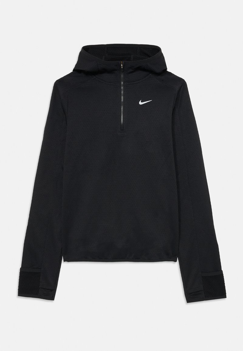 Hanorac Nike negru, cu fermoar pe jumătate, material texturat, mâneci raglan și un mic logo alb pe partea stângă a pieptului.