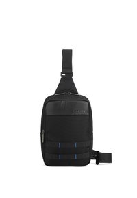 Borsa a tracolla nera in materiale testurizzato, con tasca anteriore con zip, tracolla regolabile e linee di accento blu sulla parte anteriore.