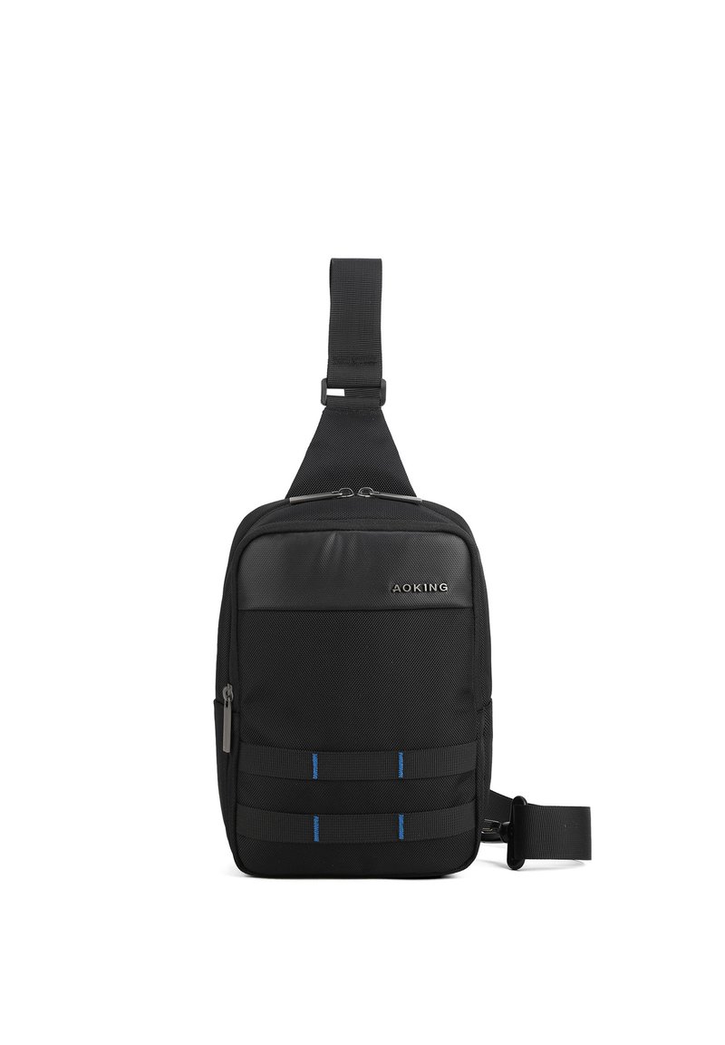 Borsa a tracolla nera in materiale testurizzato, con tasca anteriore con zip, tracolla regolabile e linee di accento blu sulla parte anteriore.