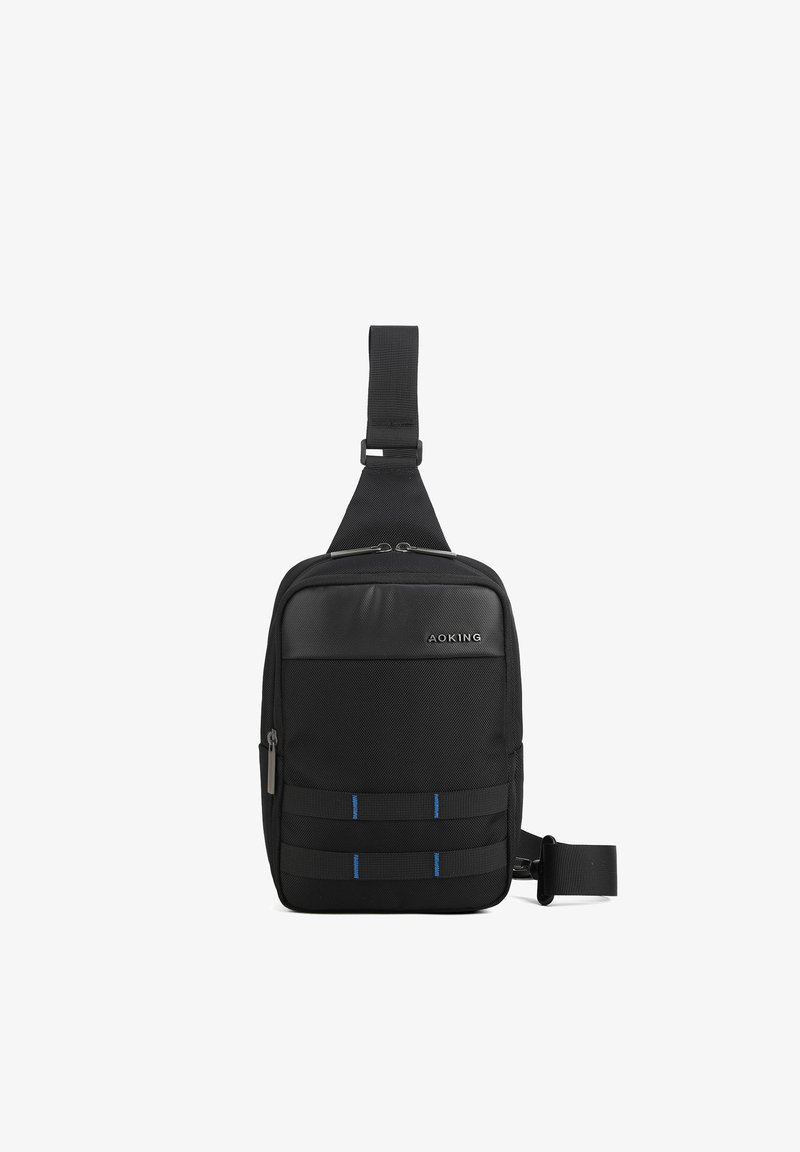 Borsa a tracolla nera in materiale testurizzato, con tasca anteriore con zip, tracolla regolabile e linee di accento blu sulla parte anteriore.