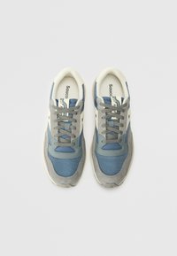 Blue and gray sneakers featuring mesh and suede materials, rounded shape, thick sole, and textured accents on the upper part.