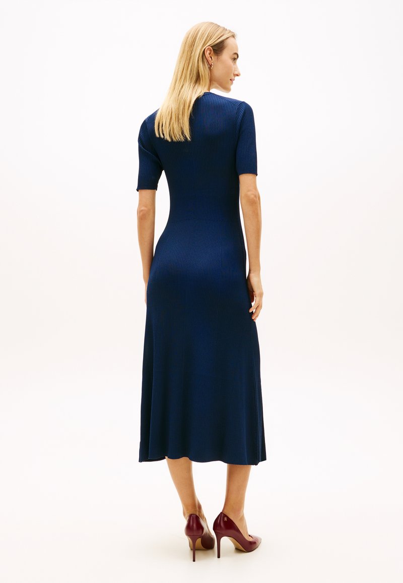 slim fit dress slacks Navy Blue Fit & Flare Midi V-Neck Party Dress