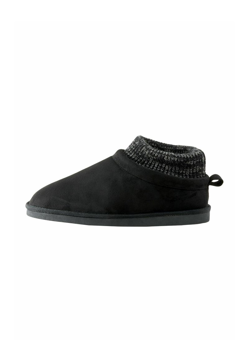 Sorte ruskinds slippers med en strikket grå kant, rund tå og et bageste trækstrop for nem påføring. Blød tekstur og lavprofil design.