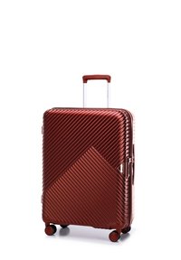 Hard-shell suitcase in metallic reddish-brown, featuring diagonal grooves, a retractable handle, and four spinner wheels.