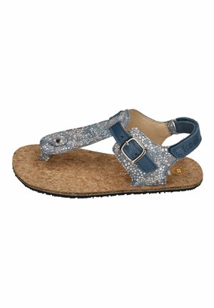 Child’s blue patterned sandal with adjustable buckle strap, cork footbed, and toe post on black rubber sole.
