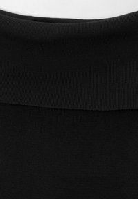 Black ribbed fabric showing a smooth texture with a folded neckline. The material appears stretchy and form-fitting without visible seams.