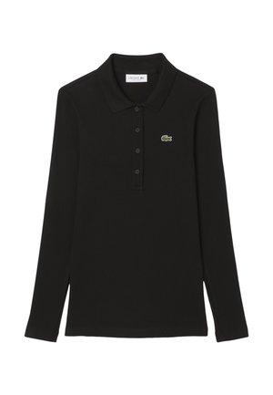 Black long-sleeve polo shirt with a ribbed texture, collared neckline, three-button placket, and small green crocodile logo on the chest.