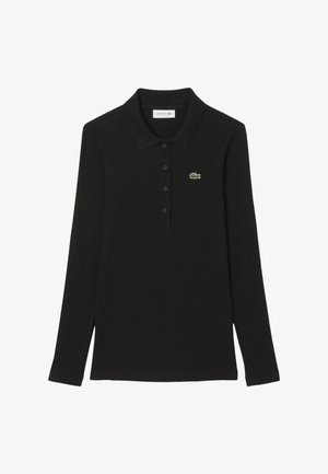 Camisa polo de manga larga negra con textura acanalada, cuello de tipo polo, tapeta de tres botones y pequeño logo de cocodrilo verde en el pecho.