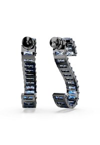 Svarta Bluetooth-hörlurar med rektangulära blå akcentdelar. Slät yta med rundade kanter, utrustade med kontroller på toppen.