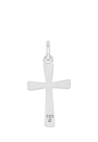 Silbernes Kreuzanhänger mit glatten Kanten und einer Schlaufe, gestempelt "925 a", was auf Sterlingsilber hinweist.