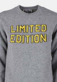 Maglione grigio a maglia con scollatura a girocollo e testo giallo "EDIZIONE LIMITATA" in evidenza, con un contorno nero contrastante sulle lettere.