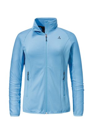 Hellblaues Zip-Jacke mit hohem Kragen, geripptem Stoff und zwei seitlichen Reißverschlusstaschen. Mit einem Logo auf der linken Brust.