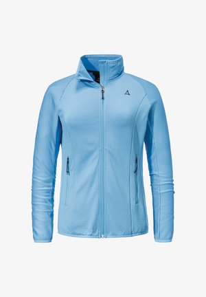 Hellblaues Zip-Jacke mit hohem Kragen, geripptem Stoff und zwei seitlichen Reißverschlusstaschen. Mit einem Logo auf der linken Brust.