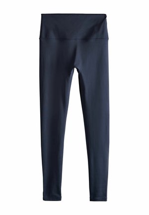 Černé legíny s vysokým pasem a plnou délkou, širokým páskem, bezešvým provedením a hladkým materiálem.