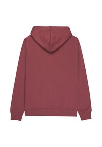 Bordová mikina s kapucňou na šnúrku, rebrovanými manžetami a spodným lemom. Hladká textúra látky s jednoduchým dizajnom bez viditeľných vzorov alebo ozdôb.