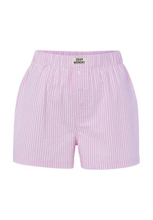 Boxer en coton rayé vertical rose et blanc avec ceinture élastique, trois boutons sur le devant, et étiquette "Dear Monday" sur la ceinture.