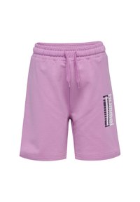 Lilac drawstring shorts with elastic waist and "hummel" logo printed vertically on the right leg against a white background.