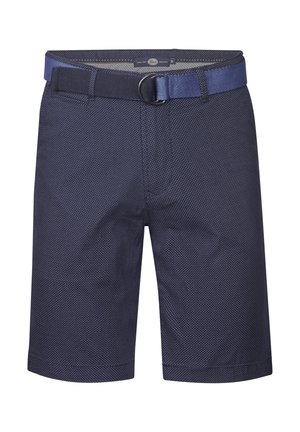 Marineblauwe shorts van lichtgewicht stof met een stippenpatroon, voorzien van een bijpassende riem van dezelfde stof en een metalen gesp.