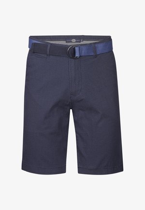 Pantalones cortos de color navy hechos de un tejido ligero con un patrón de puntos, que incluyen un cinturón de tela a juego y una hebilla de metal.