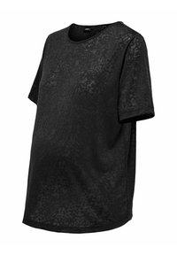 Camiseta de maternidad negra de corte holgado, con un sutil patrón texturizado, cuello redondo y mangas cortas. Tejido suave con una forma relajada.