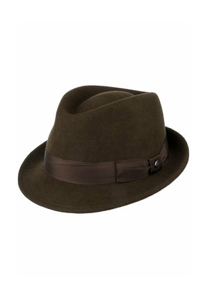 Dark brown felt fedora hat with a matching fabric band and small decorative button on the side.