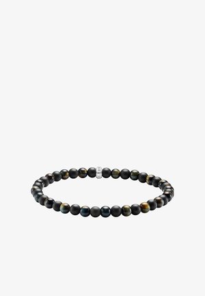 Schwarzes mattes und mehrfarbiges Perlenarmband mit runden Perlen, die zwischen matten und polierten Oberflächen wechseln, mit einem silbernen Akzent.
