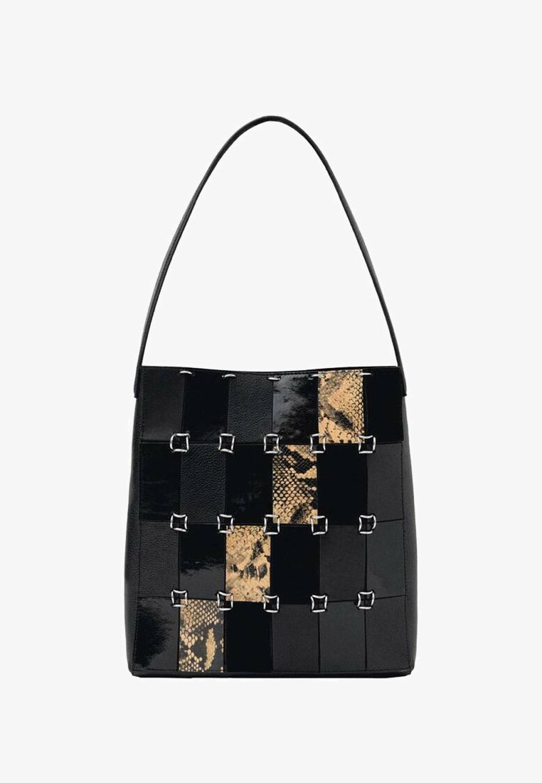 Black woven leather handbag featuring glossy panels and snake print accents, with silver hardware and a single shoulder strap.