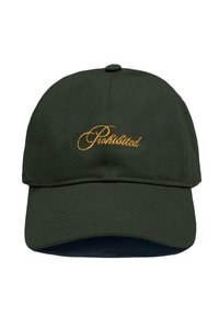 Black baseball cap with orange cursive "Prohibited" embroidered on the front center.