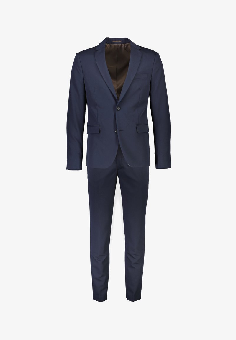 Granatowy dwuczęściowy garnitur męski z jednorzędową marynarką na dwa guziki oraz dopasowanymi spodniami typu slim fit.