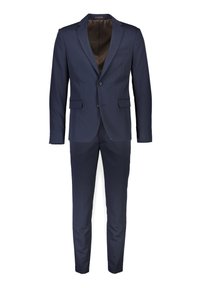 Abito da uomo blu navy a due pezzi con giacca monopetto a due bottoni e pantaloni aderenti abbinati.