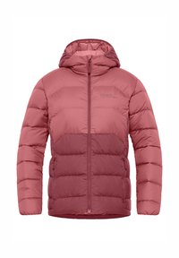 Veste matelassée dans une teinte rose moyen, dotée d'une capuche, d'une fermeture éclair intégrale à l'avant et de poches latérales. Texture lisse avec un design matelassé.
