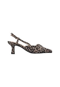 Leopard print slingback high heel shoe made of suede. Features a pointed toe, a decorative buckle, and a mid-height block heel.