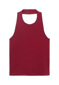Burgundin värinen hihaton toppi, jossa on pyöreä pääntie, valmistettu sileästä kankaasta, yksinkertainen muotoilu ja suora helma.