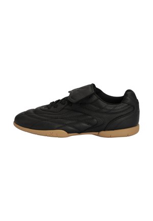 Black leather sneaker with gum rubber sole and lace-up design, featuring a prominent Velcro strap across the top.