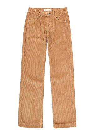 Jasnobrązowe spodnie sztruksowe o prostych nogawkach, z widoczną fakturą, przednimi kieszeniami i zapięciem na guzik w pasie.