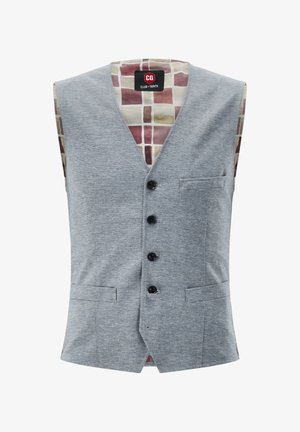 Graue ärmellose Weste mit einem strukturierten Muster, fünf schwarzen Knöpfen und einem bunten karierten Futter in Brauntönen und Creme.
