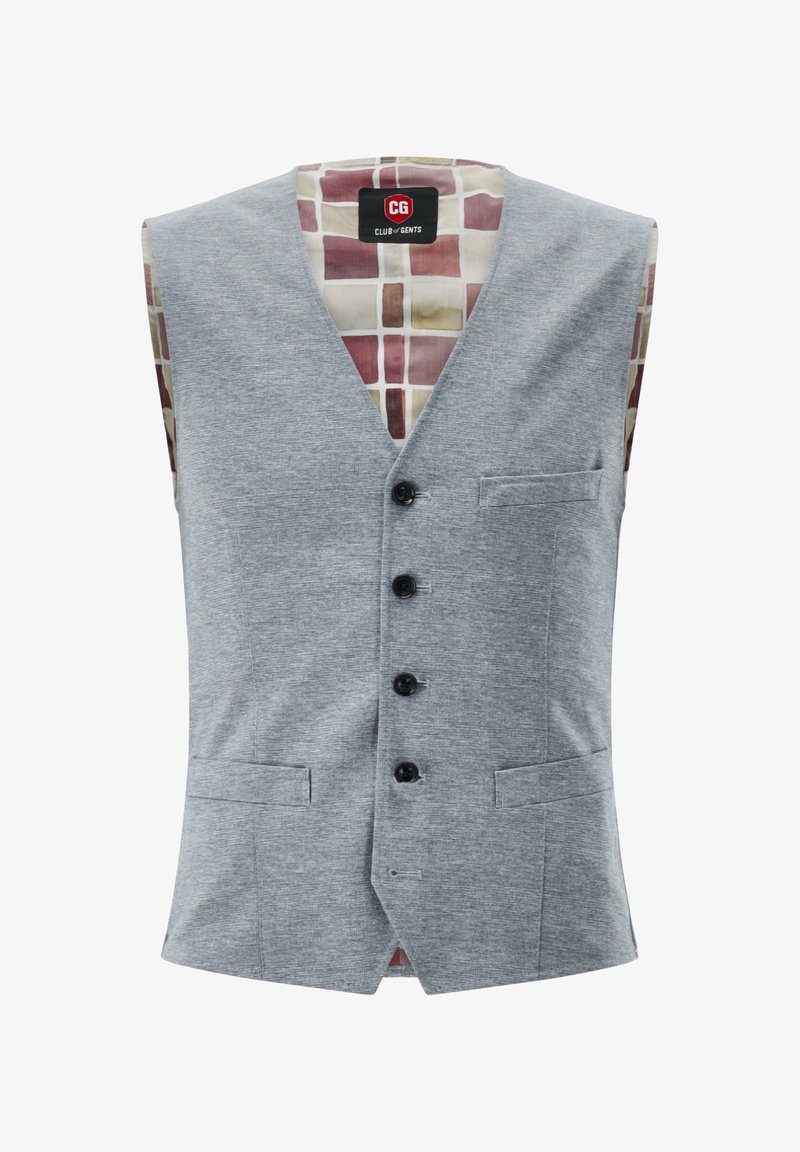 Graue ärmellose Weste mit einem strukturierten Muster, fünf schwarzen Knöpfen und einem bunten karierten Futter in Brauntönen und Creme.