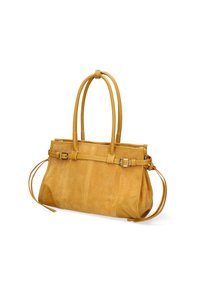 Borsa a tracolla gialla in suede con doppi manici superiori, forma rettangolare, dettagli in fibbia e dettagli in pelle a contrasto sui lati.