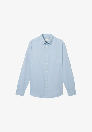 Light blue long-sleeve shirt made from fabric with a textured pattern, featuring a button-down collar and a single chest pocket.
