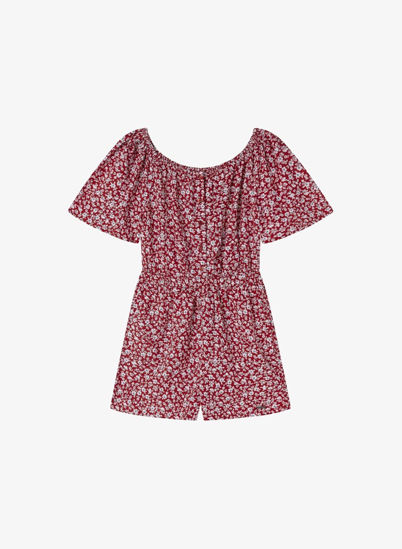 Červený kvetinový overal s krátkymi puff rukávmi, elastickým výstrihom a stiahnutým pásom. Materiál má malý biely kvetinový vzor.