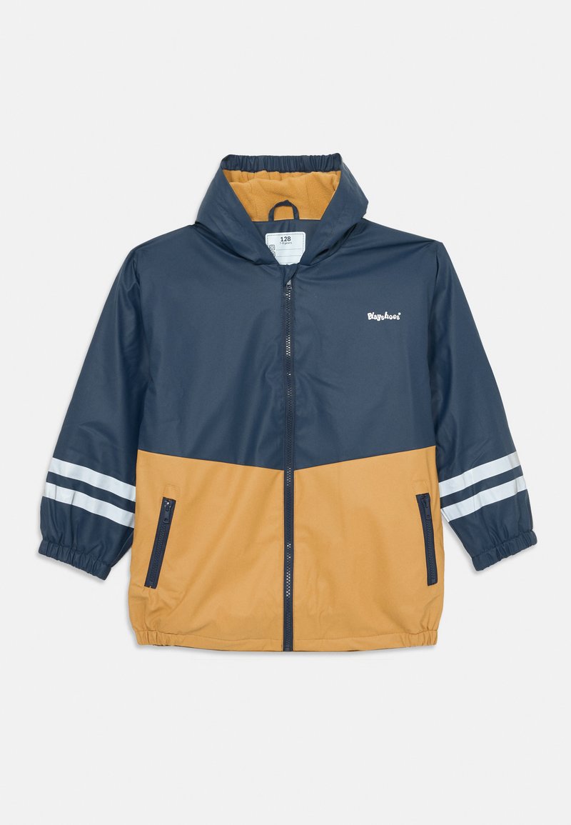 Navyblauer und senfgelber wasserdichter Jacke mit elastischen Bündchen, Reißverschlusstaschen und gestreiften Akzenten an den Ärmeln. Verfügt über eine Kapuze und einen Frontreißverschluss.