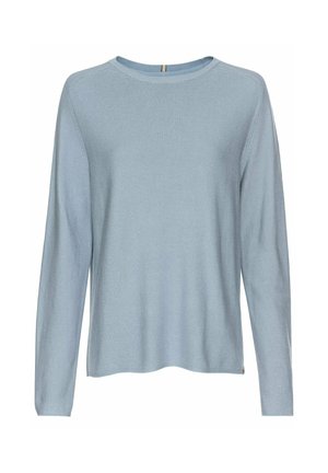 Lyseblå langærmet sweater med rund hals, tekstureret strikstof og afslappet pasform. Ingen bemærkelsesværdige mønstre eller pynt.