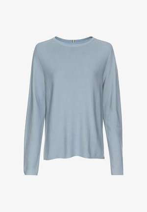 Light blue long-sleeve sweater with a crew neckline, textured knit fabric, and a relaxed fit. No notable patterns or embellishments.