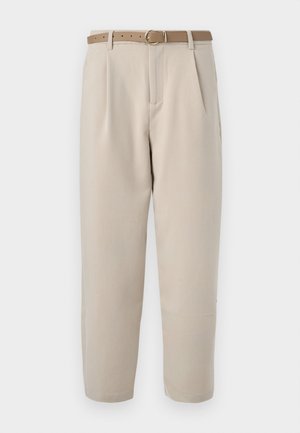 Beige tailored trousers with front pleats, a tan belt, and a round buckle. The fabric appears smooth with a straight-leg design.